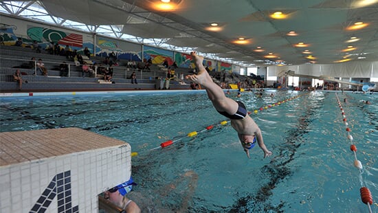 Une personne en train de plonger depuis un sautoir en direction d'une ligne de nage